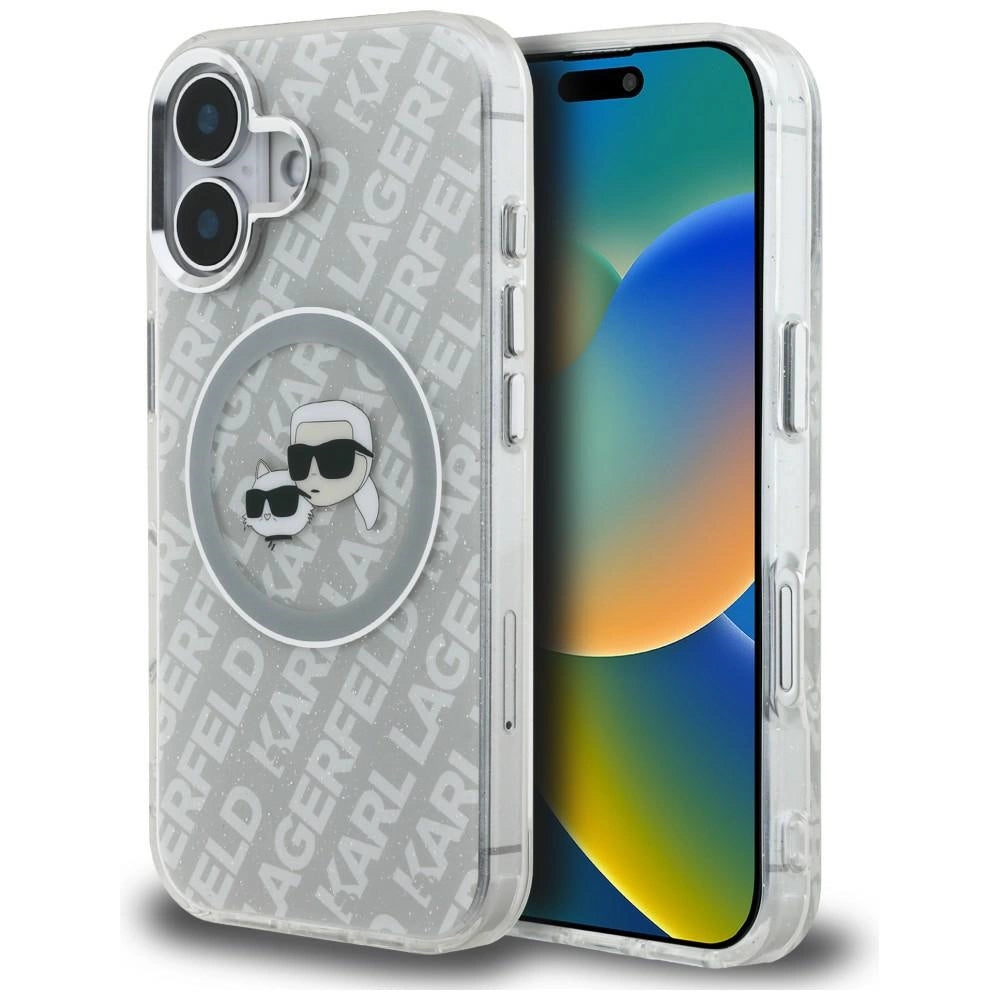 Etui Karl Lagerfeld IML Glitter Karl & Choupette na iPhone 16 - szare