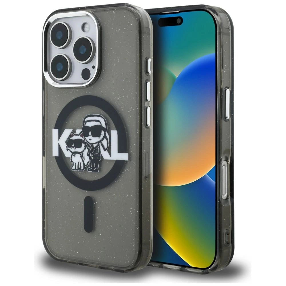 Etui Karl Lagerfeld IML Glitter Karl & Choupette na iPhone 16 Pro - czarne
