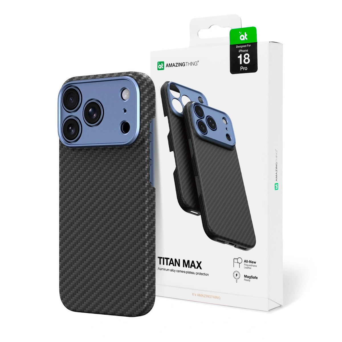Etui AMAZINGTHING Titan Max Lens na iPhone 18 Pro z włókna - niebieskie