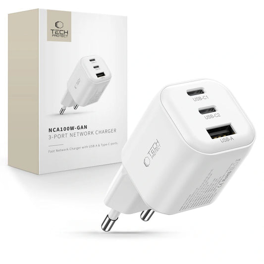 Ładowarka sieciowa Tech-Protect NCA100W-GaN 3-Porty PD 3.2 100W - biała