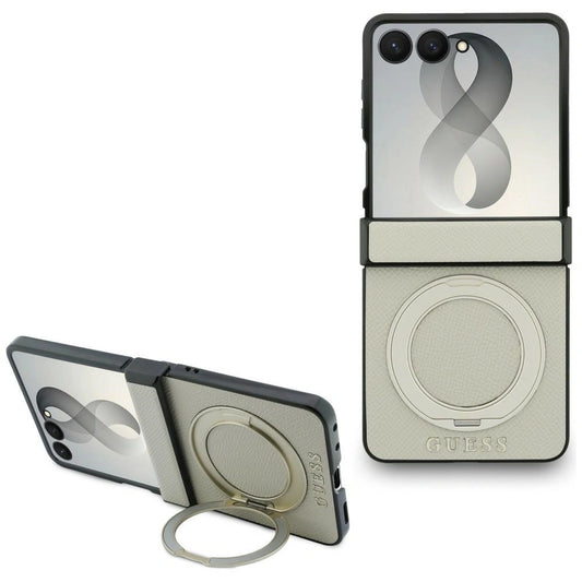 Etui Guess Magnetic Ring Stand Grained na Samsung Galaxy Z Flip 8 - beżowe
