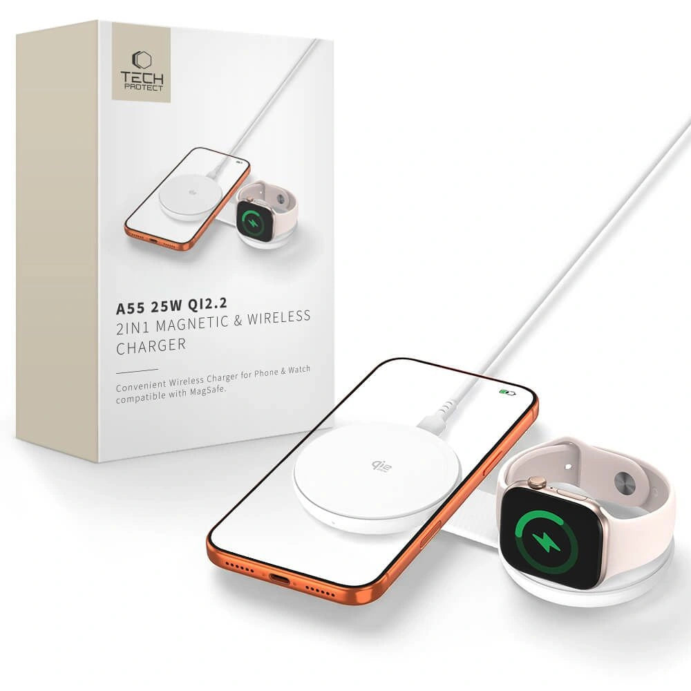 Ładowarka bezprzewodowa Tech-Protect A55 2in1 MagSafe 25W QI2.2 + - biała
