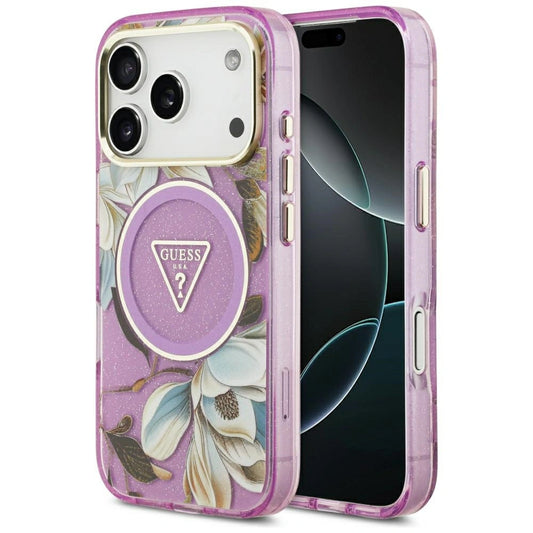 Etui Guess IML Glitter Flowers na iPhone 17 Pro / 18 Pro - fioletowe