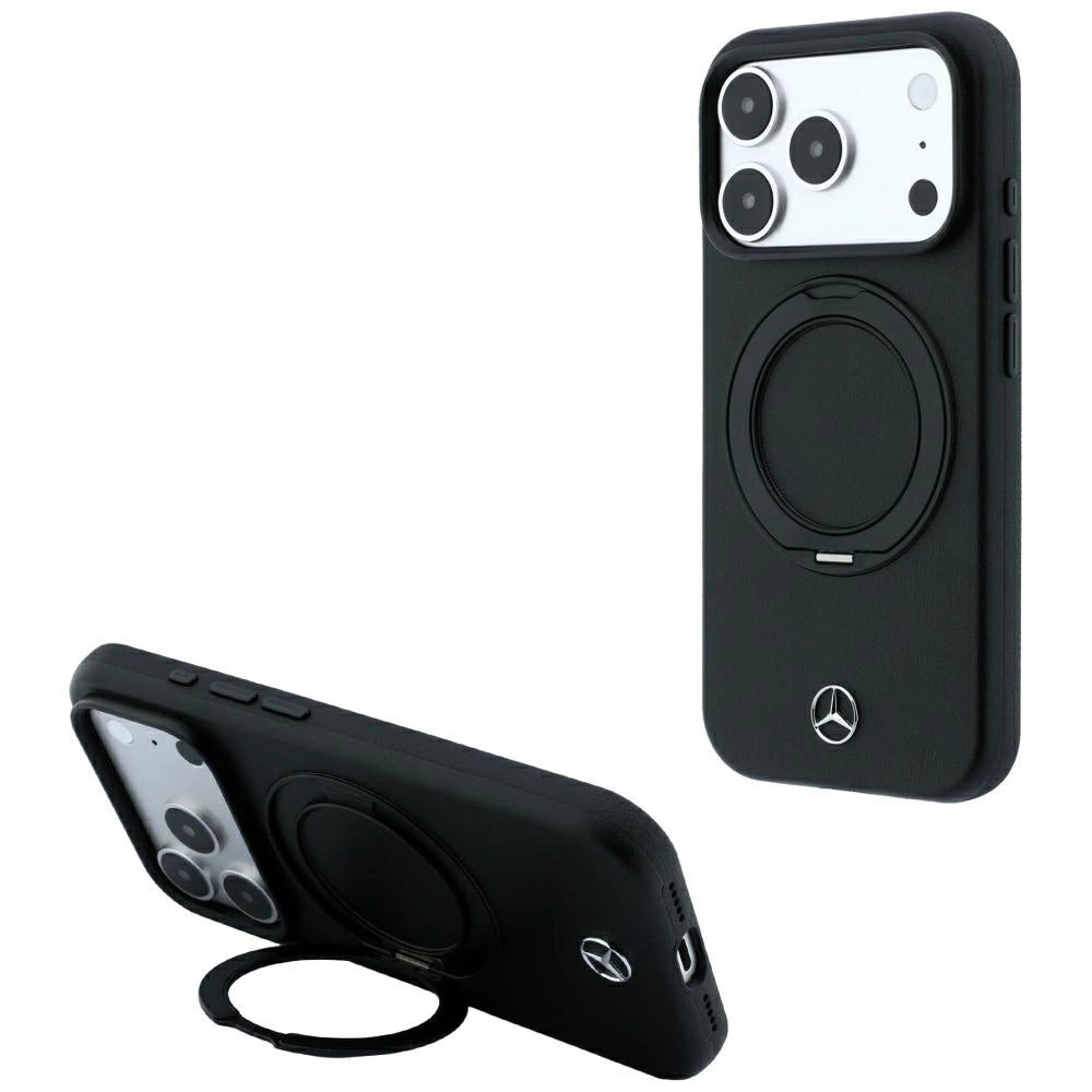 Etui Mercedes Leather with Ring Stand na iPhone 18 Pro / 17 Pro - czarne