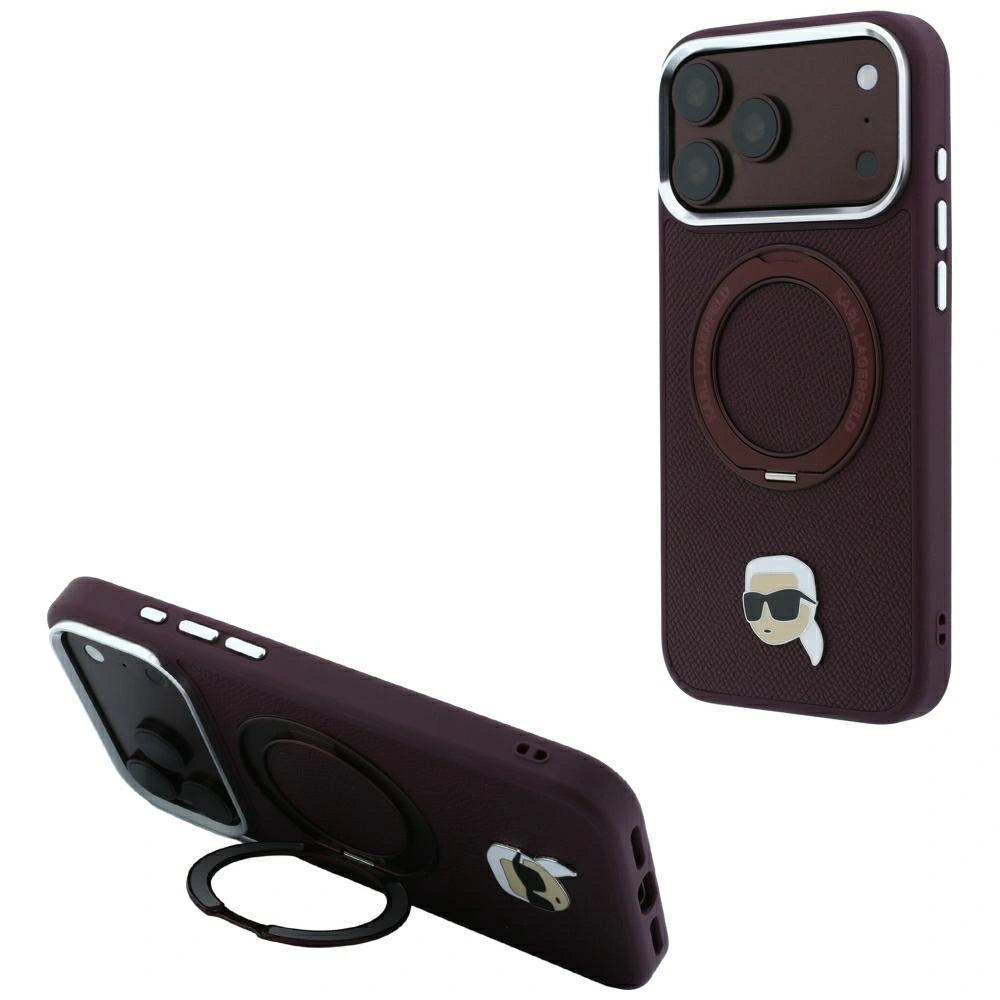 Etui Karl Lagerfeld with Ring Stand 360 Karl Head Pin MagSafe na iPhone 18 Pro / 17 Pro - burgundowe