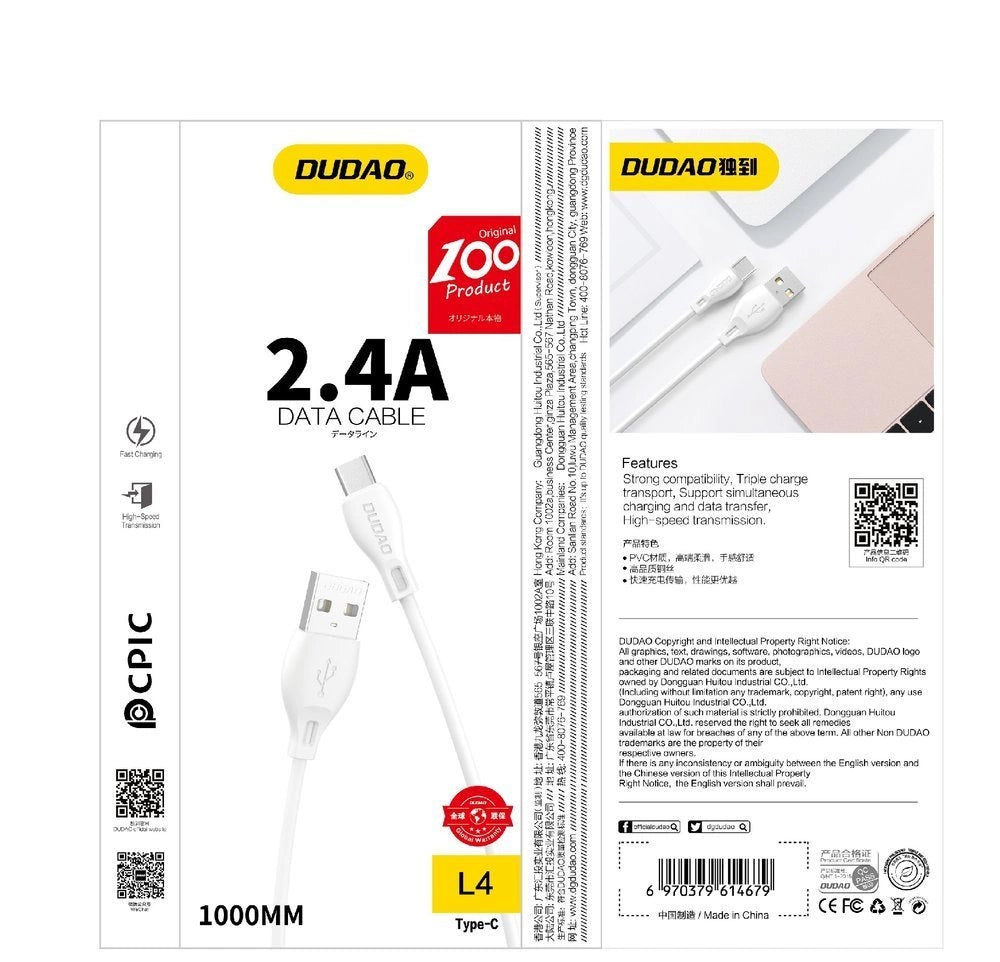 Dudao przewód kabel USB / Lightning 2.4A 1m biały (L4L 1m white) – zdjęcie 5