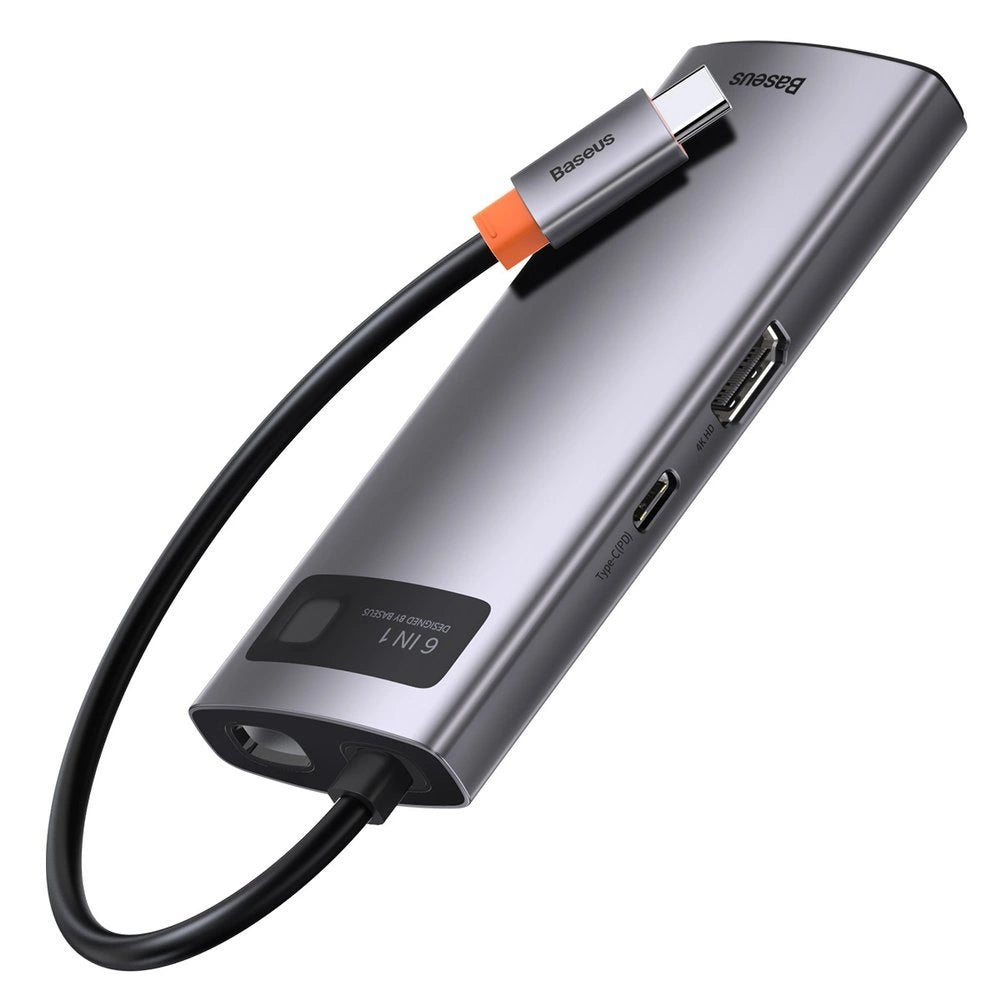 HUB Baseus Metal Gleam 6w1 USB-C - USB-C PD 100W 1x HDMI 4K 30Hz 3x USB-A 3.2 1x RJ45 - szary – zdjęcie 7