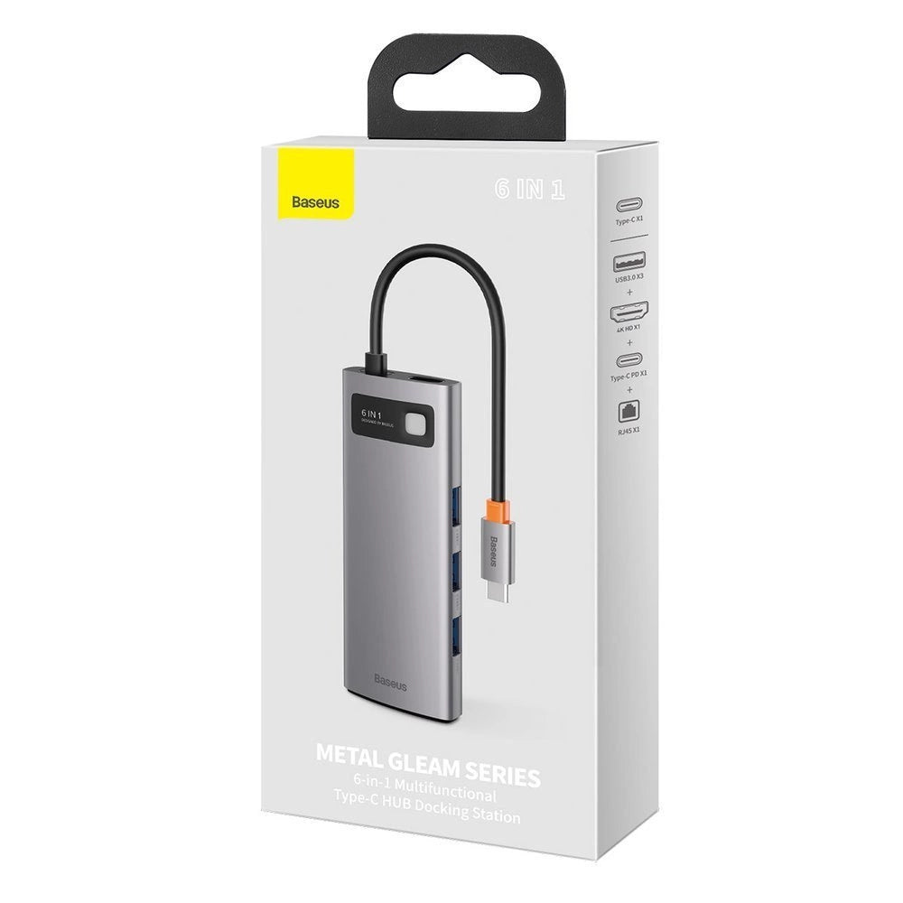 HUB Baseus Metal Gleam 6w1 USB-C - USB-C PD 100W 1x HDMI 4K 30Hz 3x USB-A 3.2 1x RJ45 - szary – zdjęcie 5