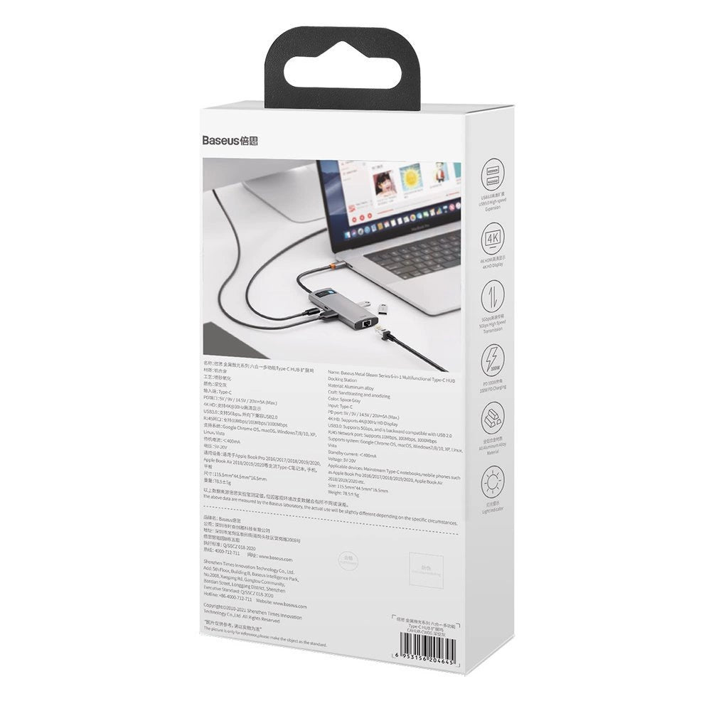 HUB Baseus Metal Gleam 6w1 USB-C - USB-C PD 100W 1x HDMI 4K 30Hz 3x USB-A 3.2 1x RJ45 - szary – zdjęcie 6