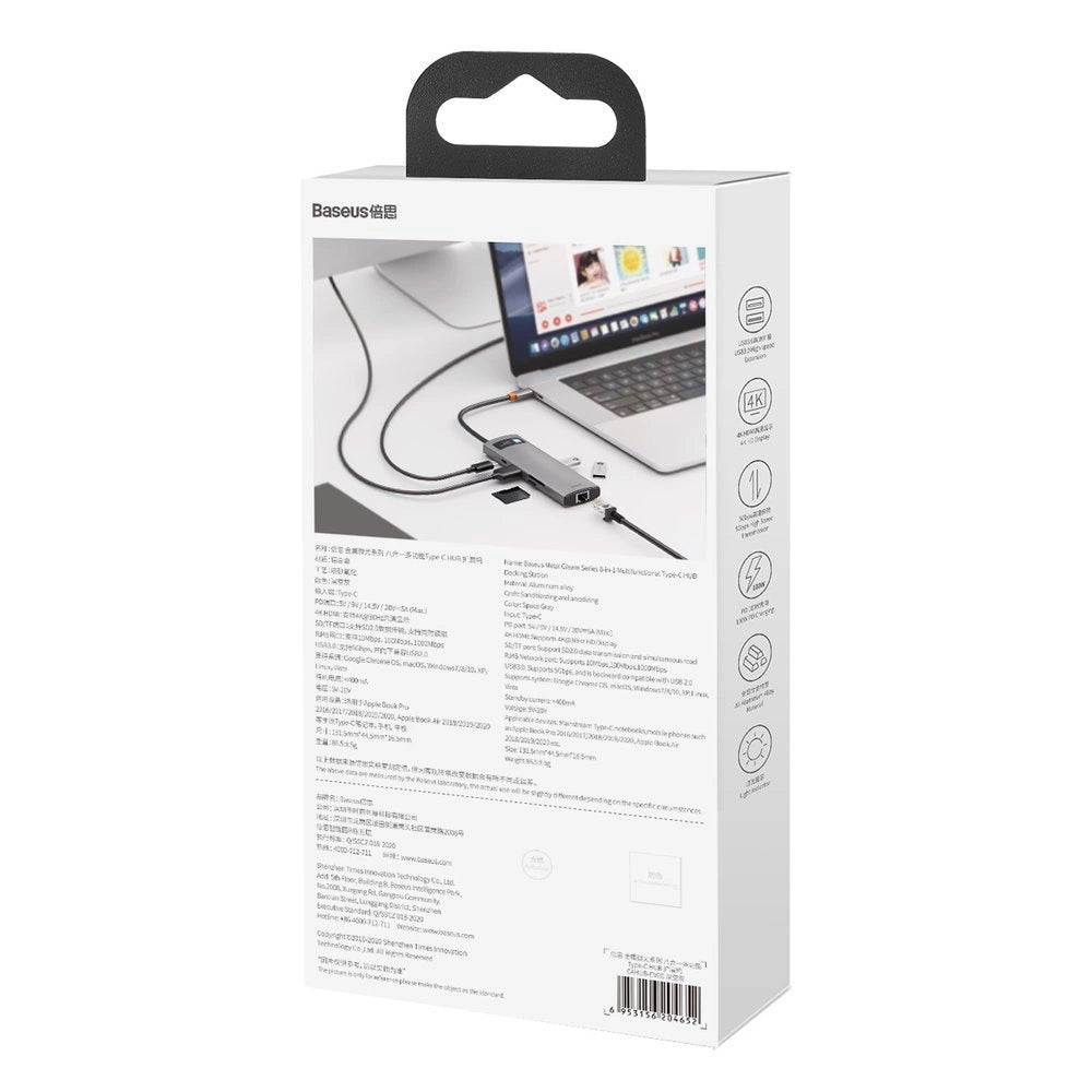 Hub Baseus Metal Gleam 8w1 USB-C - USB-C PD 100W 1x HDMI 4K 30Hz - szary