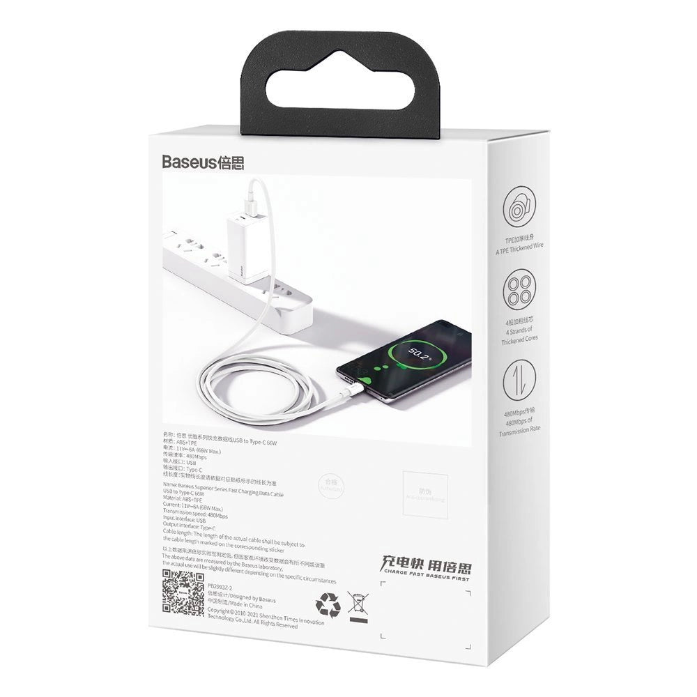 Baseus Superior kabel USB - USB Typ C 66 W 6A 1 m Biały (CATYS-02)