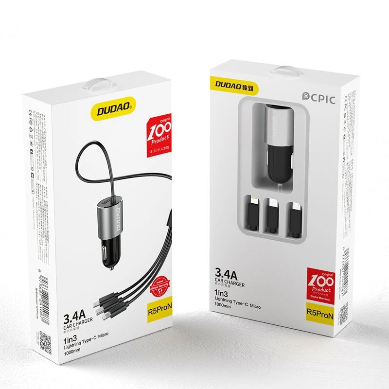 Dudao 3w1 ładowarka samochodowa USB 3,4 A wbudowany kabel Lightning / USB – zdjęcie 5