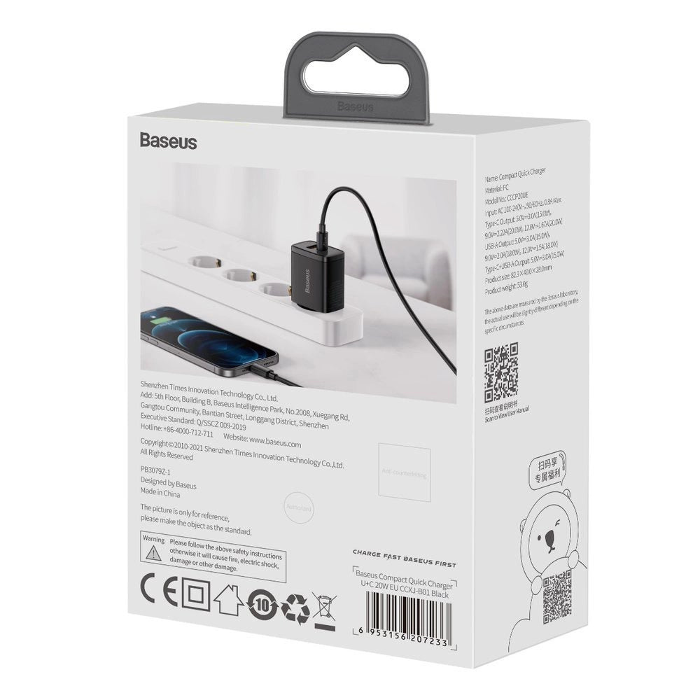 Baseus Compact szybka ładowarka sieciowa USB / USB Typ C 20W 3A Power