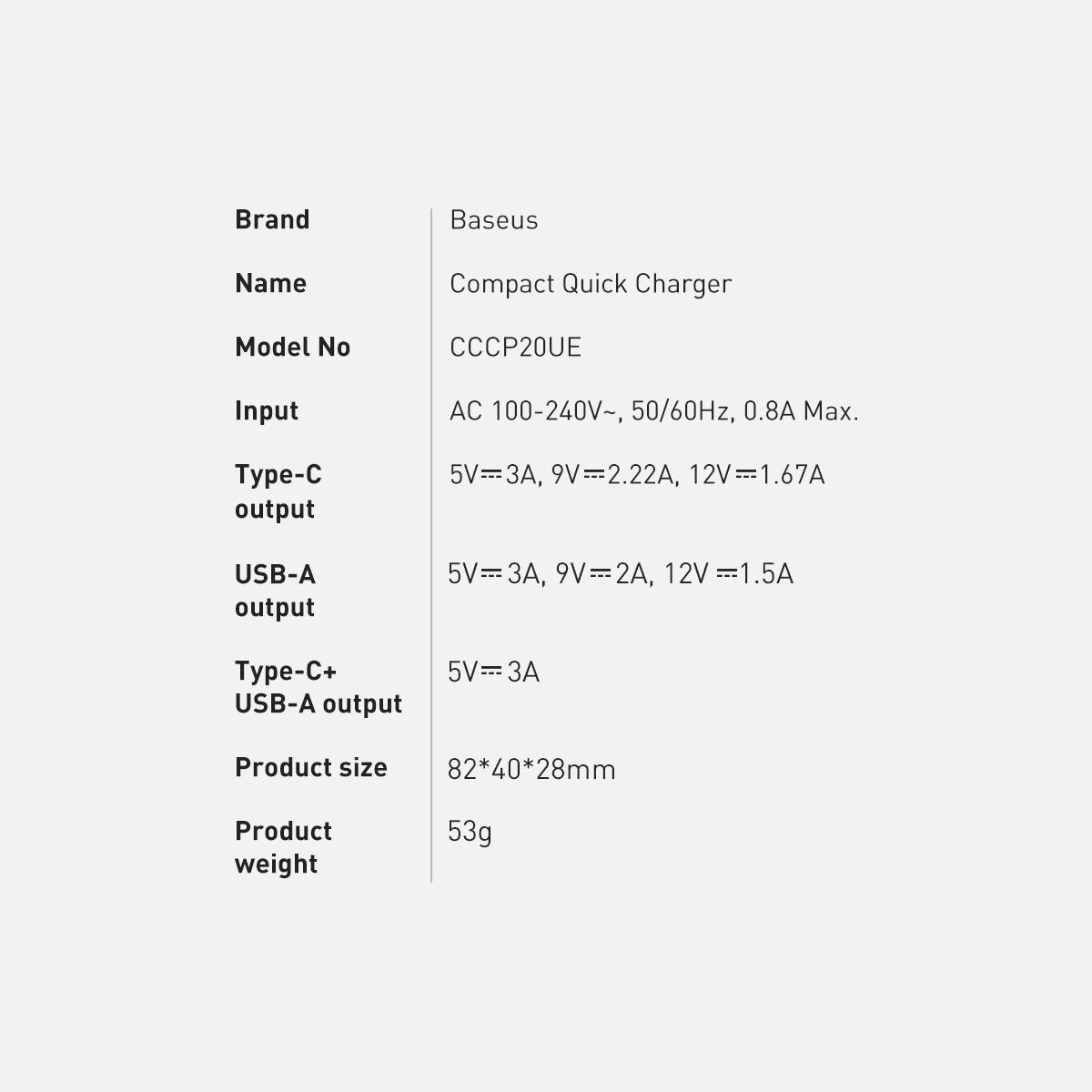 Baseus Compact szybka ładowarka sieciowa USB / USB Typ C 20W 3A Power